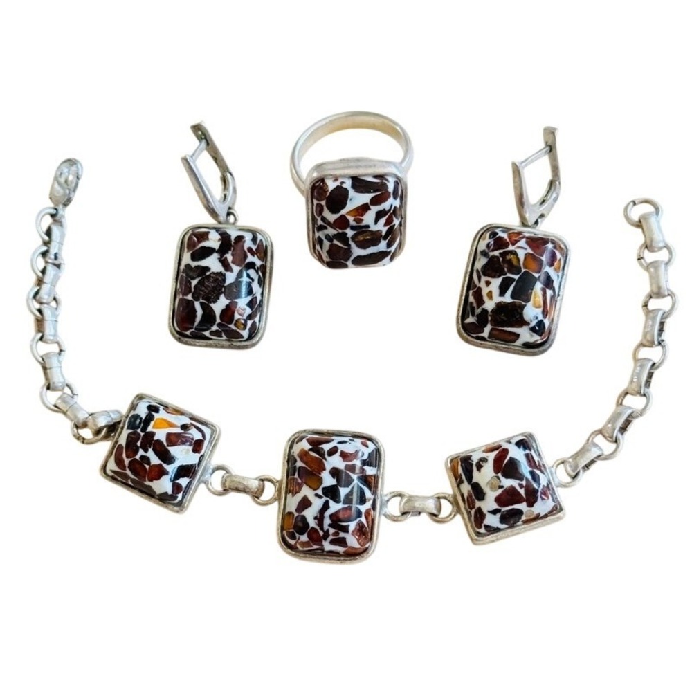 VTG BOHO Amber Matching Set Bracelet Ring Earrings Silver Tone Mosaic Inlaid 90s